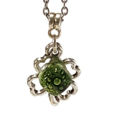 Shamrock Green set. Recycled fused glass pendant and small dangle earrings. Sterling silver hooks. Handmade small jewelry.
