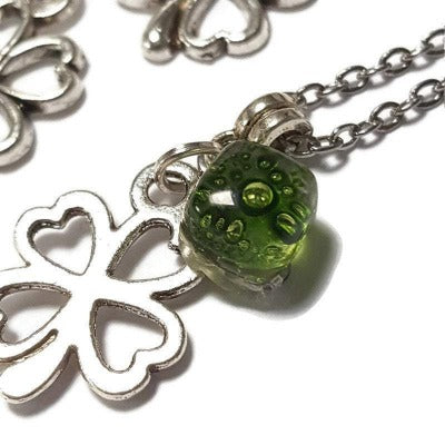 Shamrock Green set. Recycled fused glass pendant and small dangle earrings. Sterling silver hooks. Handmade small jewelry.