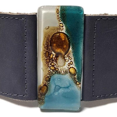 Wide Leather Cuff. Gray Leather Bracelet. Recycled glass Bracelet. Teal, white and brown cuff