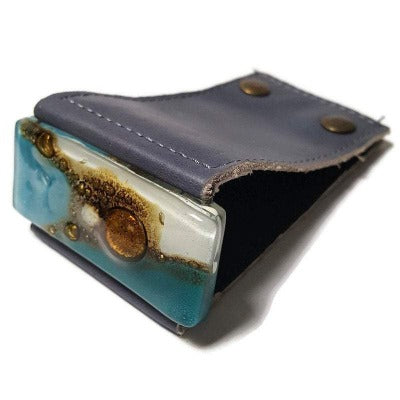 Wide Leather Cuff. Gray Leather Bracelet. Recycled glass Bracelet. Teal, white and brown cuff