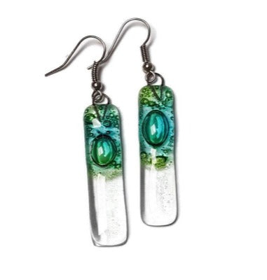 Green bars... Lots of bubbles. Transparent clear glass drop earrings . Recycled Fused Glass Dangling earrings