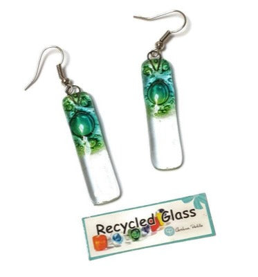 Green bars... Lots of bubbles. Transparent clear glass drop earrings . Recycled Fused Glass Dangling earrings