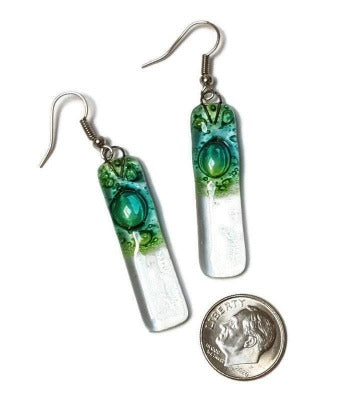 Green bars... Lots of bubbles. Transparent clear glass drop earrings . Recycled Fused Glass Dangling earrings