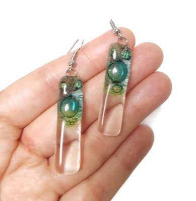 Green bars... Lots of bubbles. Transparent clear glass drop earrings . Recycled Fused Glass Dangling earrings