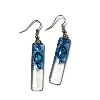 Blue bars... Lots of bubbles. Recycled Fused Glass Dangling earrings. Clear, Transparent glass drop earrings. Beach jewelry