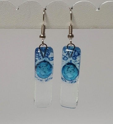Blue bars... Lots of bubbles. Recycled Fused Glass Dangling earrings. Clear, Transparent glass drop earrings. Beach jewelry
