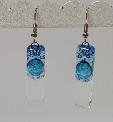 Blue bars... Lots of bubbles. Recycled Fused Glass Dangling earrings. Clear, Transparent glass drop earrings. Beach jewelry