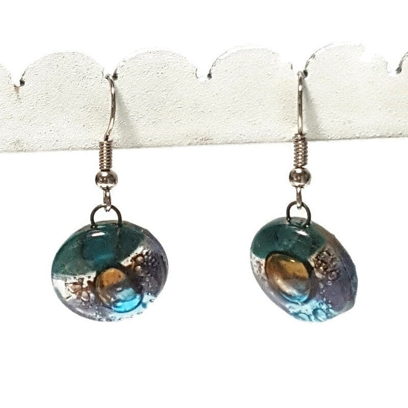 Purple, brown, teal and turquoise round dangle Fused Glass Drop Earrings. Everyday earrings. Handcrafted beads and charms.