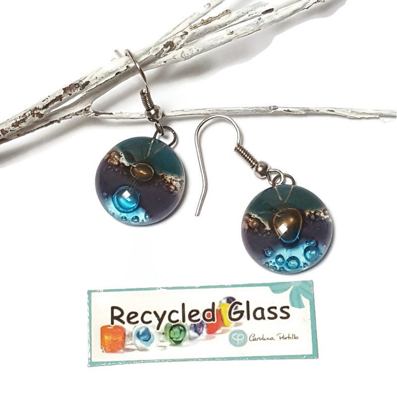 Purple, brown, teal and turquoise round dangle Fused Glass Drop Earrings. Everyday earrings. Handcrafted beads and charms.