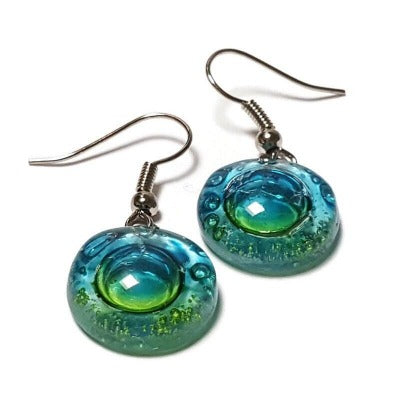 Blue, green and turquoise round dangle Fused Glass Drop Earrings. Fun colors jewelry. Everyday earrings. Handcrafted beads and charms.