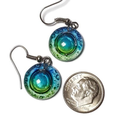 Blue, green and turquoise round dangle Fused Glass Drop Earrings. Fun colors jewelry. Everyday earrings. Handcrafted beads and charms.