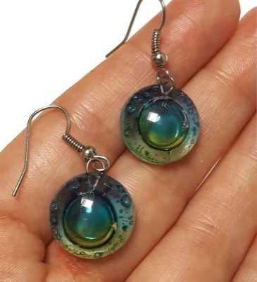 Blue, green and turquoise round dangle Fused Glass Drop Earrings. Fun colors jewelry. Everyday earrings. Handcrafted beads and charms.