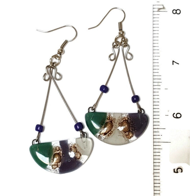 Fused Glass Chandelier Earrings. Purple, Teal White and Brown Long handcrafted elegant drop dangle earrings