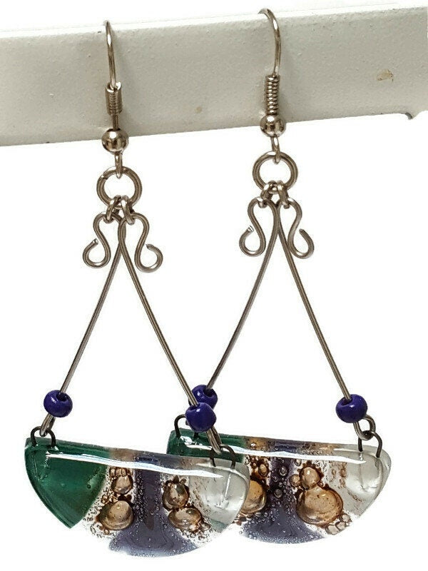 Fused Glass Chandelier Earrings. Purple, Teal White and Brown Long handcrafted elegant drop dangle earrings