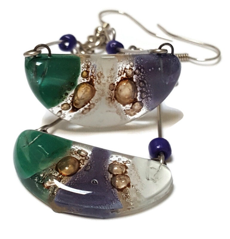 Fused Glass Chandelier Earrings. Purple, Teal White and Brown Long handcrafted elegant drop dangle earrings