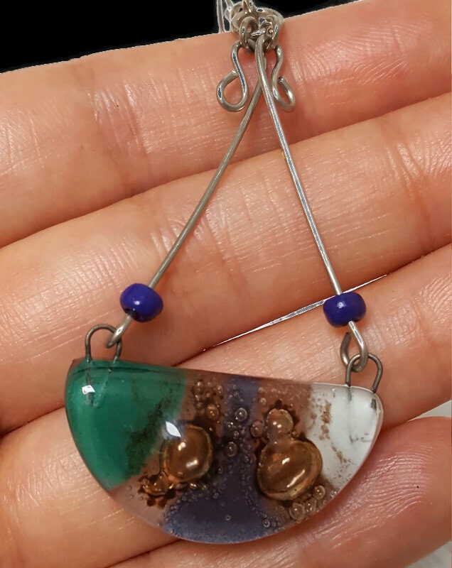 Fused Glass Chandelier Earrings. Purple, Teal White and Brown Long handcrafted elegant drop dangle earrings