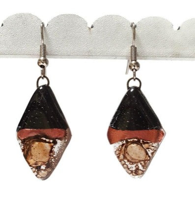 Fused glass Dangle Earrings. Black, copper and Brown Diamond Shaped Earrings. Recycled Glass Drop Earrings, long earrings.