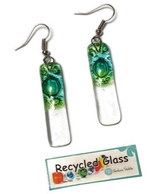 Green bars... Lots of bubbles. Transparent clear glass drop earrings . Recycled Fused Glass Dangling earrings