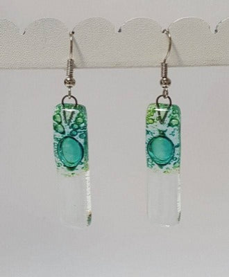 Green bars... Lots of bubbles. Transparent clear glass drop earrings . Recycled Fused Glass Dangling earrings