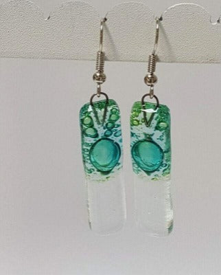 Green bars... Lots of bubbles. Transparent clear glass drop earrings . Recycled Fused Glass Dangling earrings