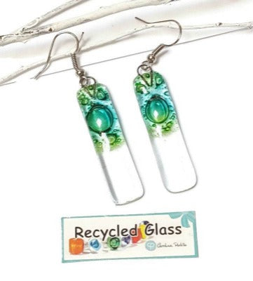 Green bars... Lots of bubbles. Transparent clear glass drop earrings . Recycled Fused Glass Dangling earrings