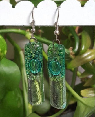 Green bars... Lots of bubbles. Transparent clear glass drop earrings . Recycled Fused Glass Dangling earrings