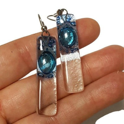 Blue bars... Lots of bubbles. Recycled Fused Glass Dangling earrings. Clear, Transparent glass drop earrings. Beach jewelry