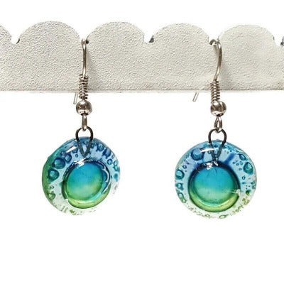 Blue, green and turquoise round dangle Fused Glass Drop Earrings. Fun colors jewelry. Everyday earrings. Handcrafted beads and charms.