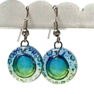 Blue, green and turquoise round dangle Fused Glass Drop Earrings. Fun colors jewelry. Everyday earrings. Handcrafted beads and charms.