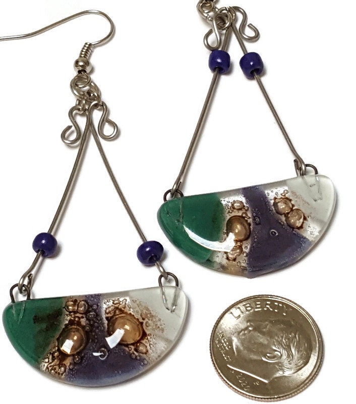 Fused Glass Chandelier Earrings. Purple, Teal White and Brown Long handcrafted elegant drop dangle earrings
