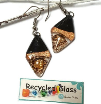 Fused glass Dangle Earrings. Black, copper and Brown Diamond Shaped Earrings. Recycled Glass Drop Earrings, long earrings.