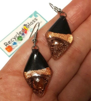 Fused glass Dangle Earrings. Black, copper and Brown Diamond Shaped Earrings. Recycled Glass Drop Earrings, long earrings.