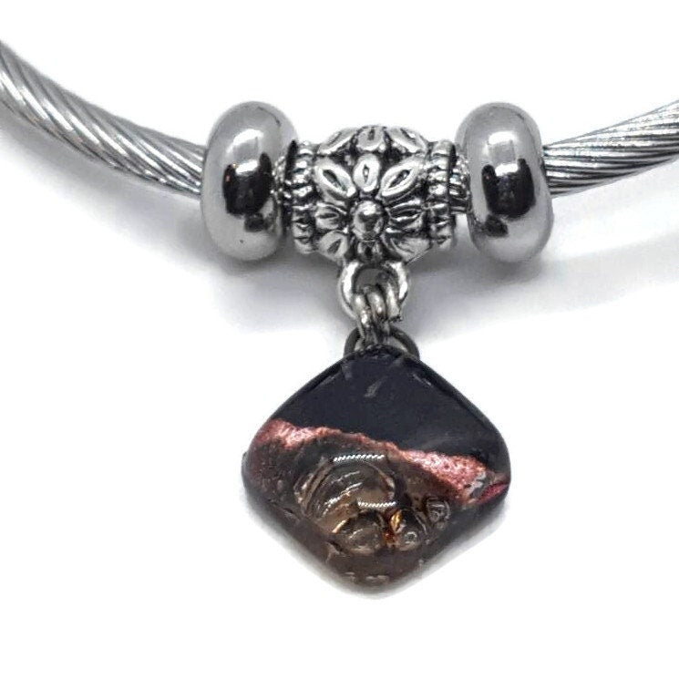 Black, Copper and Brown Stainless Steel Bracelet Glass Charm Bead. Easy to put on adjustable stretch memory wire. One size fits most