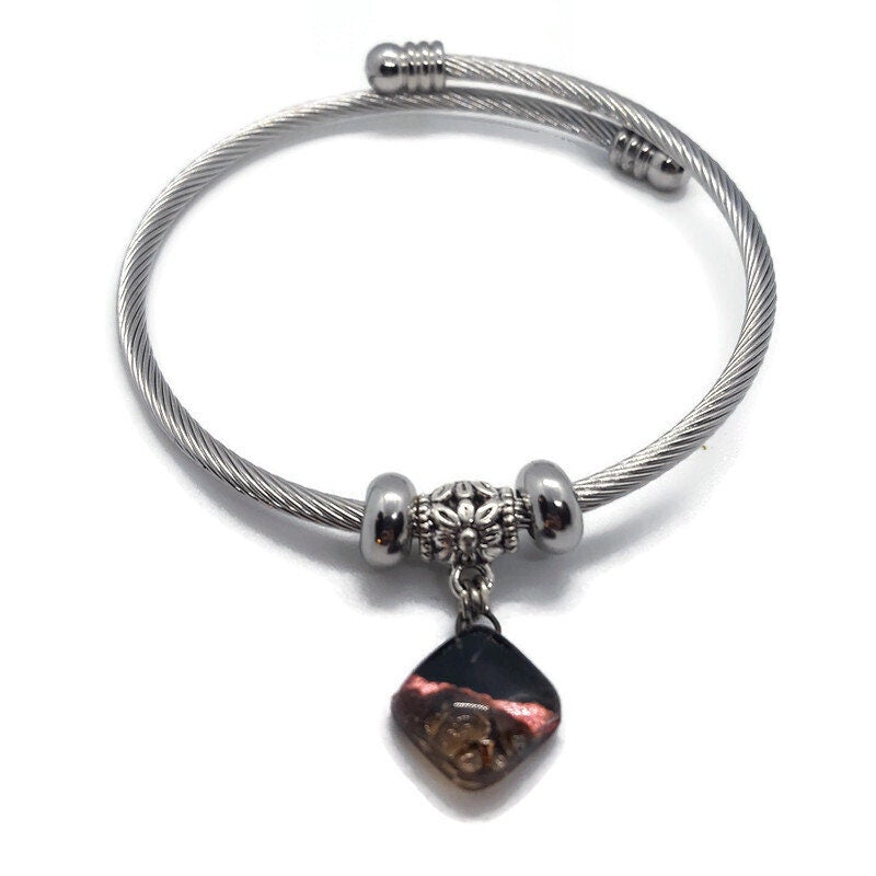 Black, Copper and Brown Stainless Steel Bracelet Glass Charm Bead. Easy to put on adjustable stretch memory wire. One size fits most