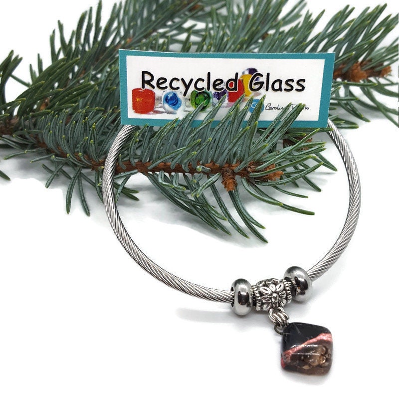 Black, Copper and Brown Stainless Steel Bracelet Glass Charm Bead. Easy to put on adjustable stretch memory wire. One size fits most