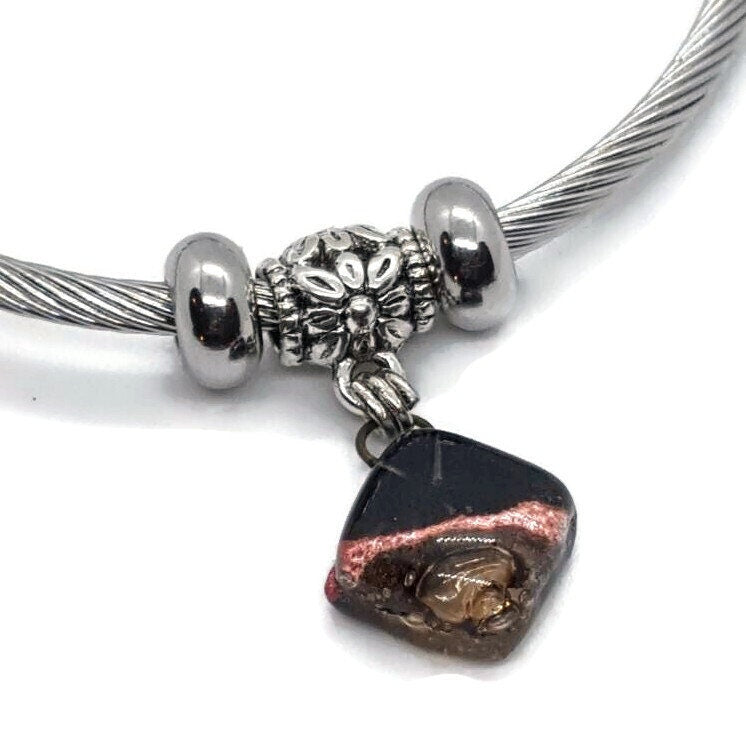 Black, Copper and Brown Stainless Steel Bracelet Glass Charm Bead. Easy to put on adjustable stretch memory wire. One size fits most