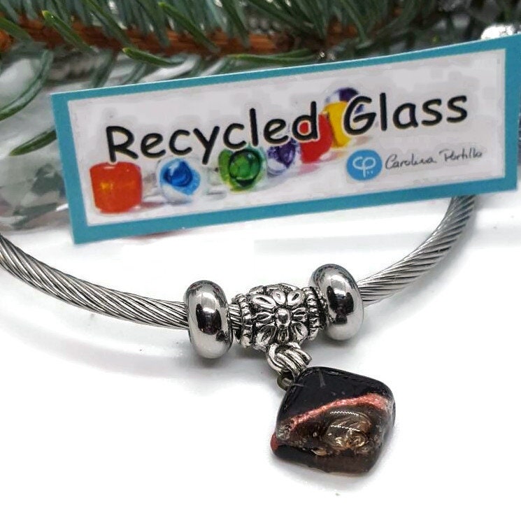 Black, Copper and Brown Stainless Steel Bracelet Glass Charm Bead. Easy to put on adjustable stretch memory wire. One size fits most