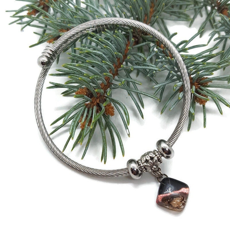 Black, Copper and Brown Stainless Steel Bracelet Glass Charm Bead. Easy to put on adjustable stretch memory wire. One size fits most