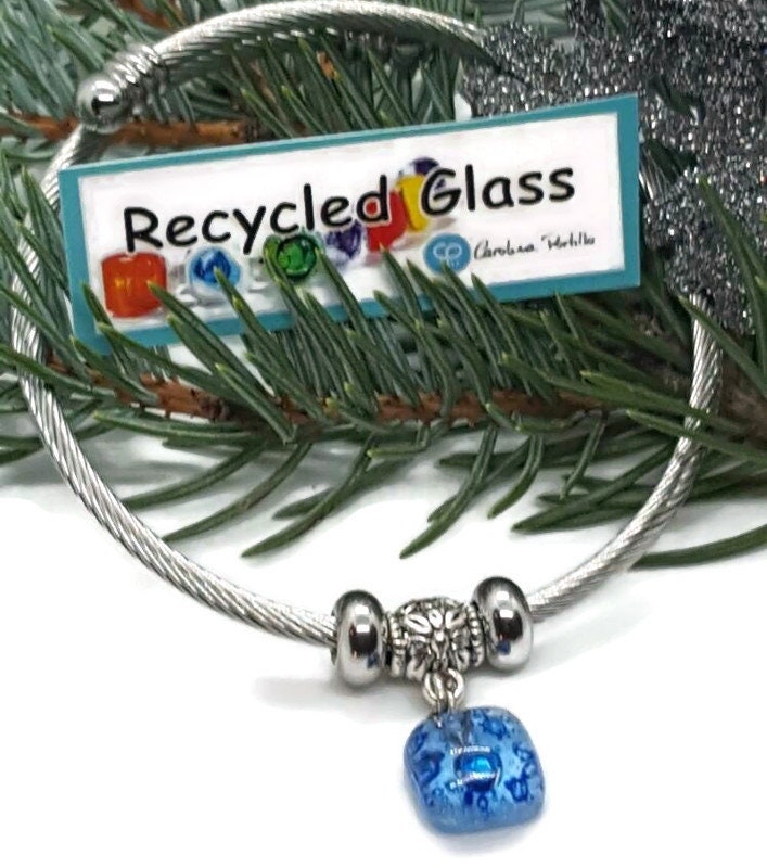 BLUE Bangle Twisted Stainless Steel Bracelet Glass Charm Bead. Expandable handmade stretch memory wire. One size fits most
