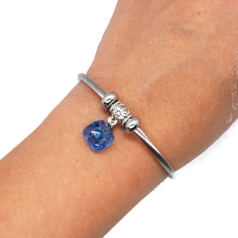BLUE Bangle Twisted Stainless Steel Bracelet Glass Charm Bead. Expandable handmade stretch memory wire. One size fits most