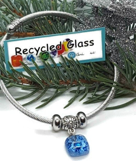 BLUE Bangle Twisted Stainless Steel Bracelet Glass Charm Bead. Expandable handmade stretch memory wire. One size fits most