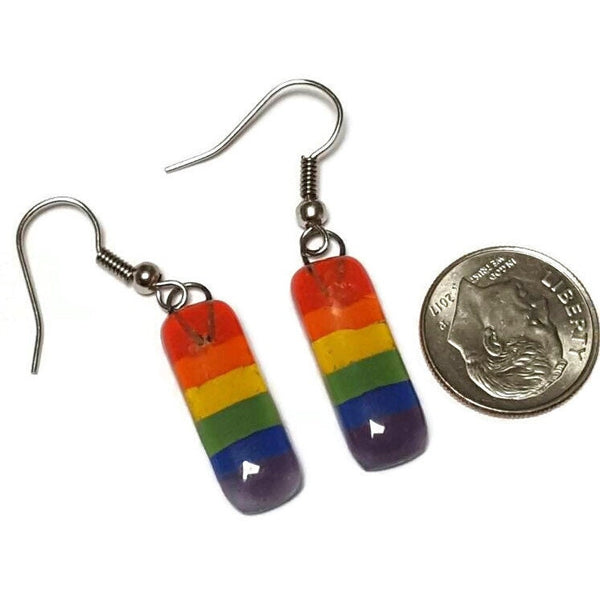 Small Rainbow Recycled Glass Earrings. Best Long drop earrings. Fused Glass Dangle Earrings. Happy colors