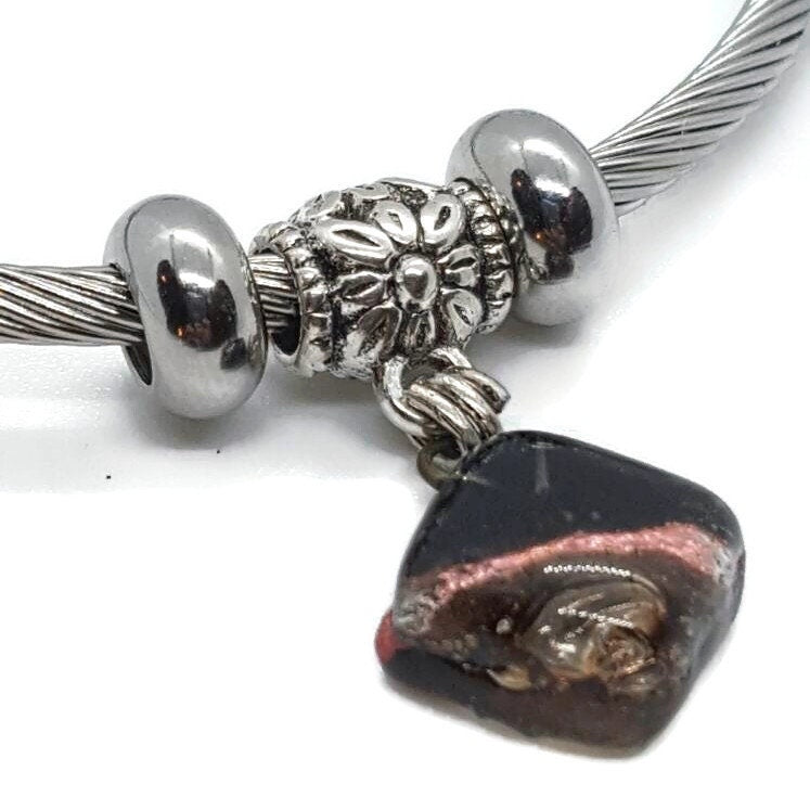 Black, Copper and Brown Stainless Steel Bracelet Glass Charm Bead. Easy to put on adjustable stretch memory wire. One size fits most