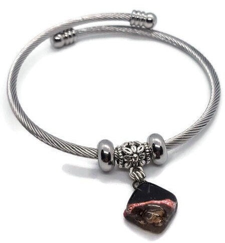 Black, Copper and Brown Stainless Steel Bracelet Glass Charm Bead. Easy to put on adjustable stretch memory wire. One size fits most