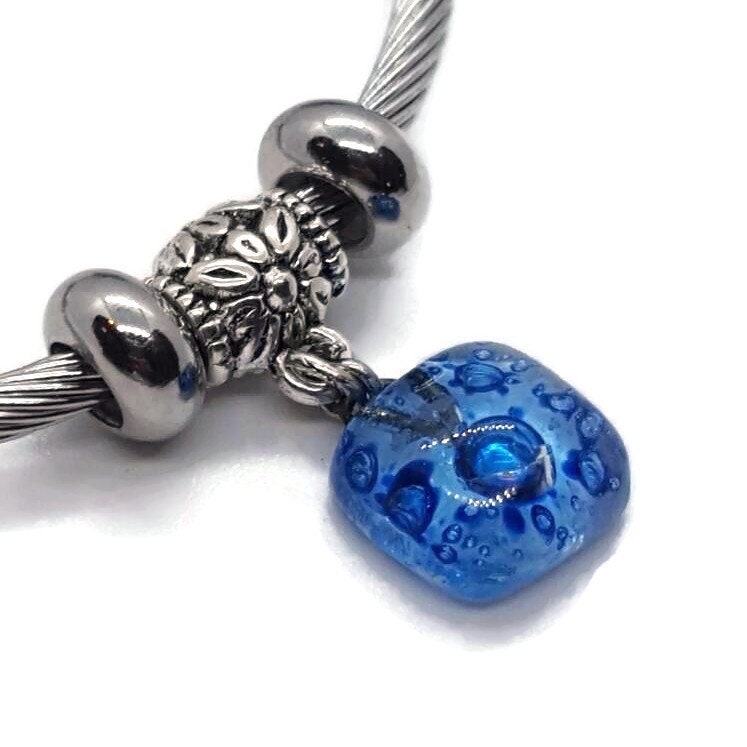 BLUE Bangle Twisted Stainless Steel Bracelet Glass Charm Bead. Expandable handmade stretch memory wire. One size fits most