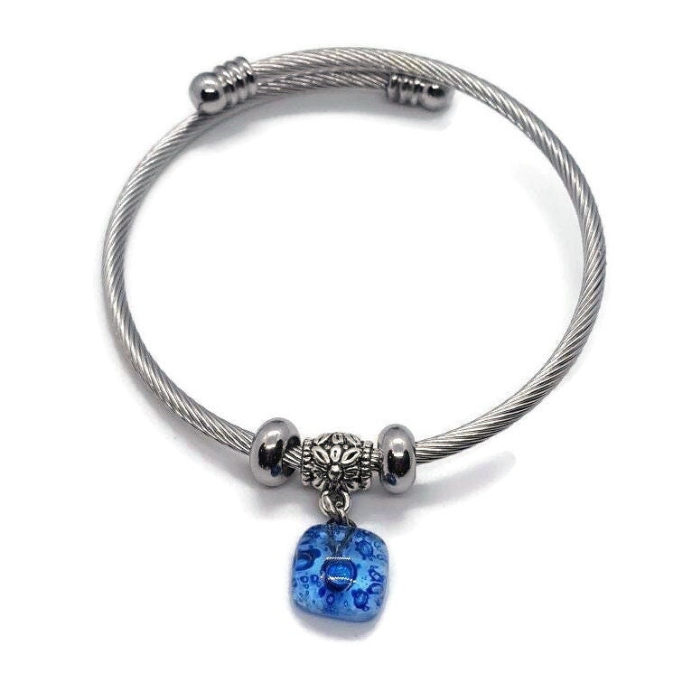 BLUE Bangle Twisted Stainless Steel Bracelet Glass Charm Bead. Expandable handmade stretch memory wire. One size fits most