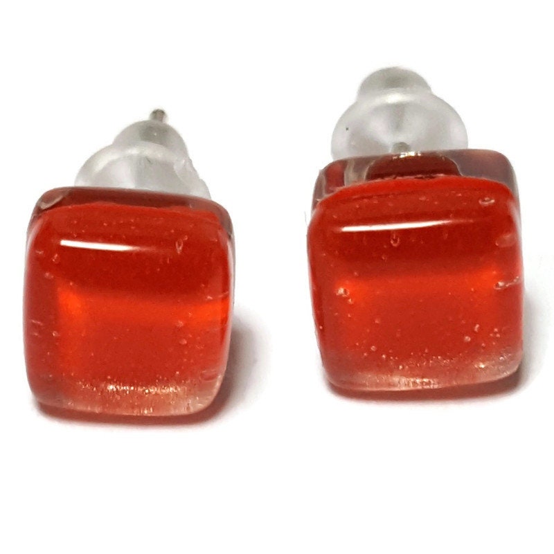 Small square post vibrant red color. Fused Glass Studs. Recycled Glass jewelry. Stud earrings. Fun color.