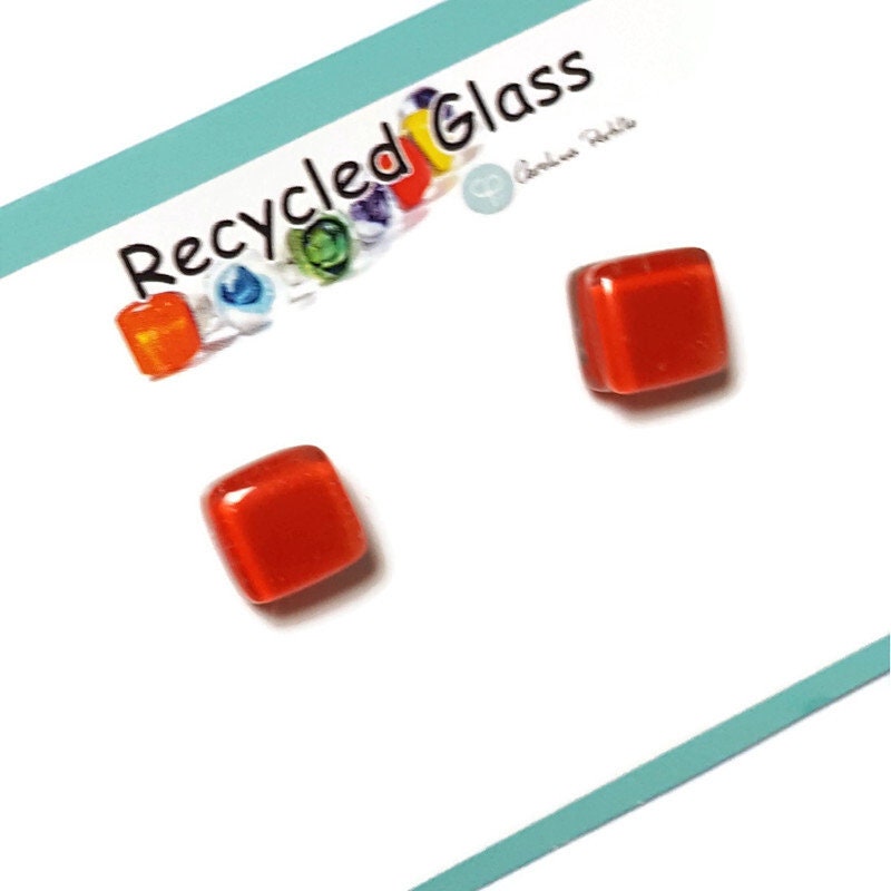 Small square post vibrant red color. Fused Glass Studs. Recycled Glass jewelry. Stud earrings. Fun color.