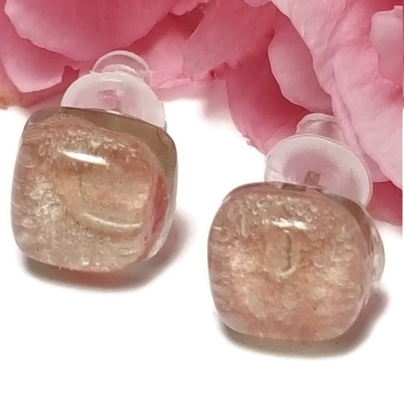 Small square post pale light pink color. Fused Glass Studs. Recycled Glass jewelry. Stud earrings. Fun color.