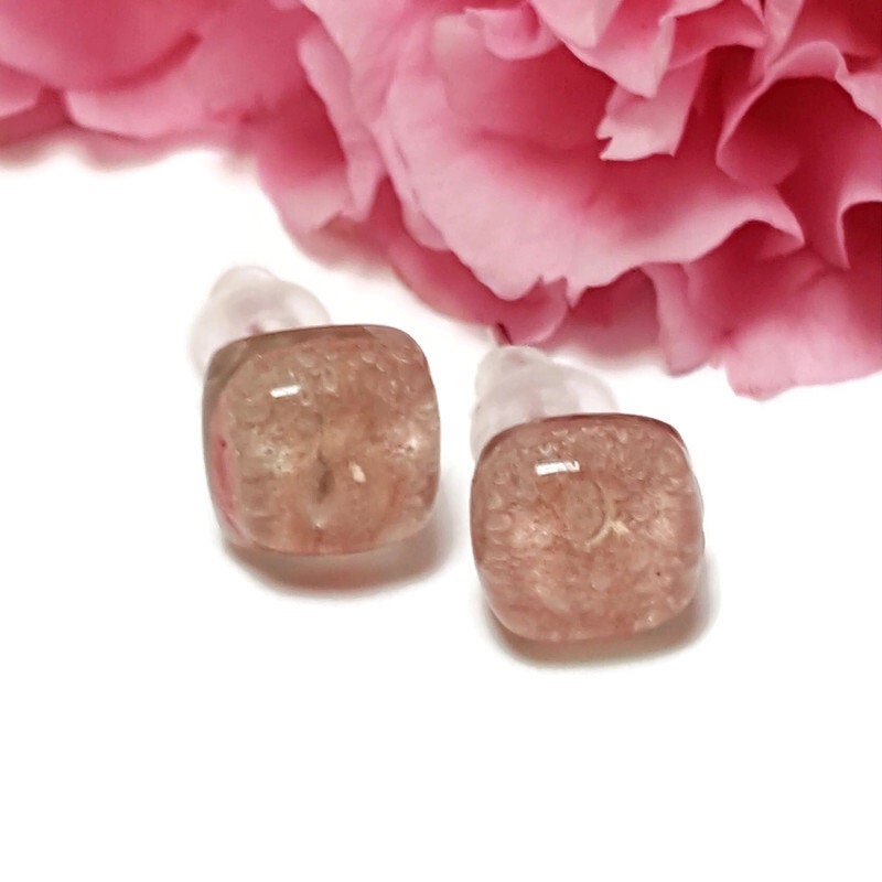 Small square post pale light pink color. Fused Glass Studs. Recycled Glass jewelry. Stud earrings. Fun color.